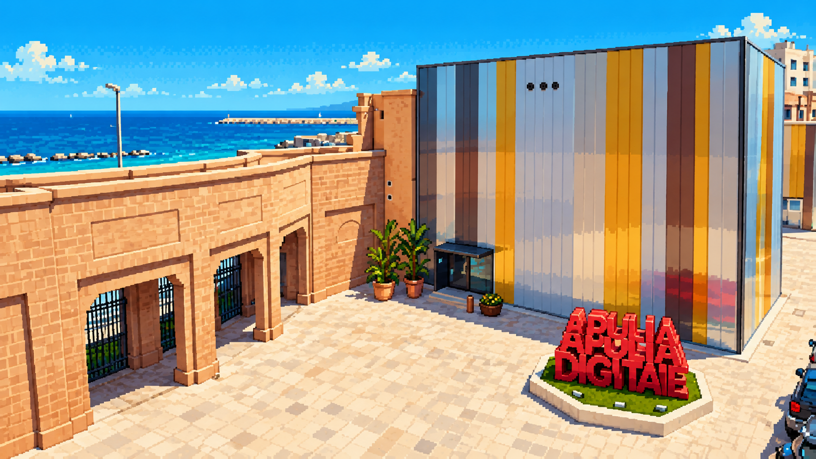 Apulia Digital Lab building and courtyard beside the sea in Bari